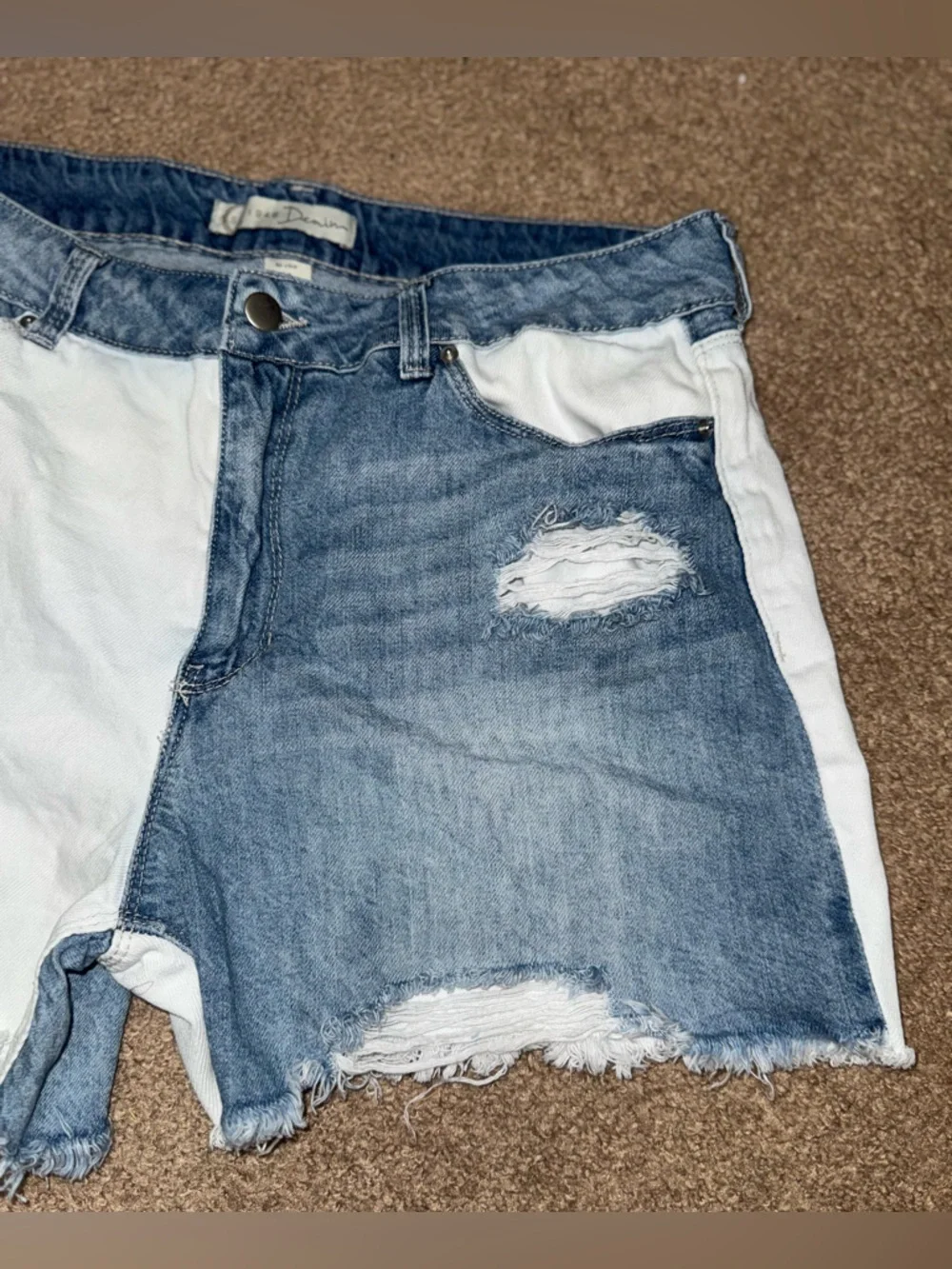 Two-Tone Distressed Jean Shorts in Blue & White - Picture 2 of 6
